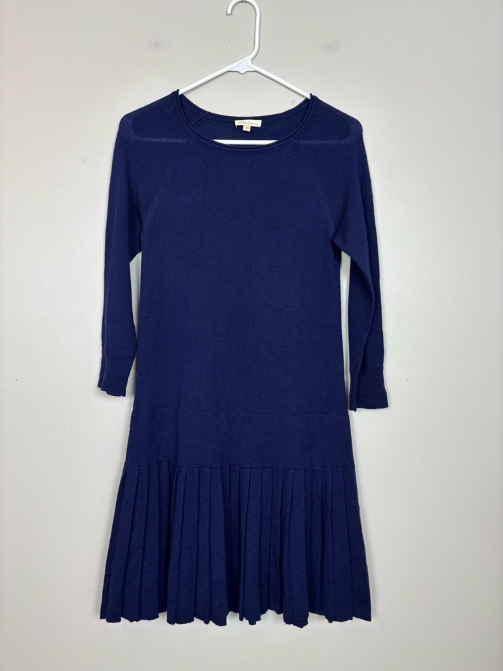 Shoshanna Dress Womens Sm Blue Merino Wool Drop Waist Long Sleeve Pleated Knit